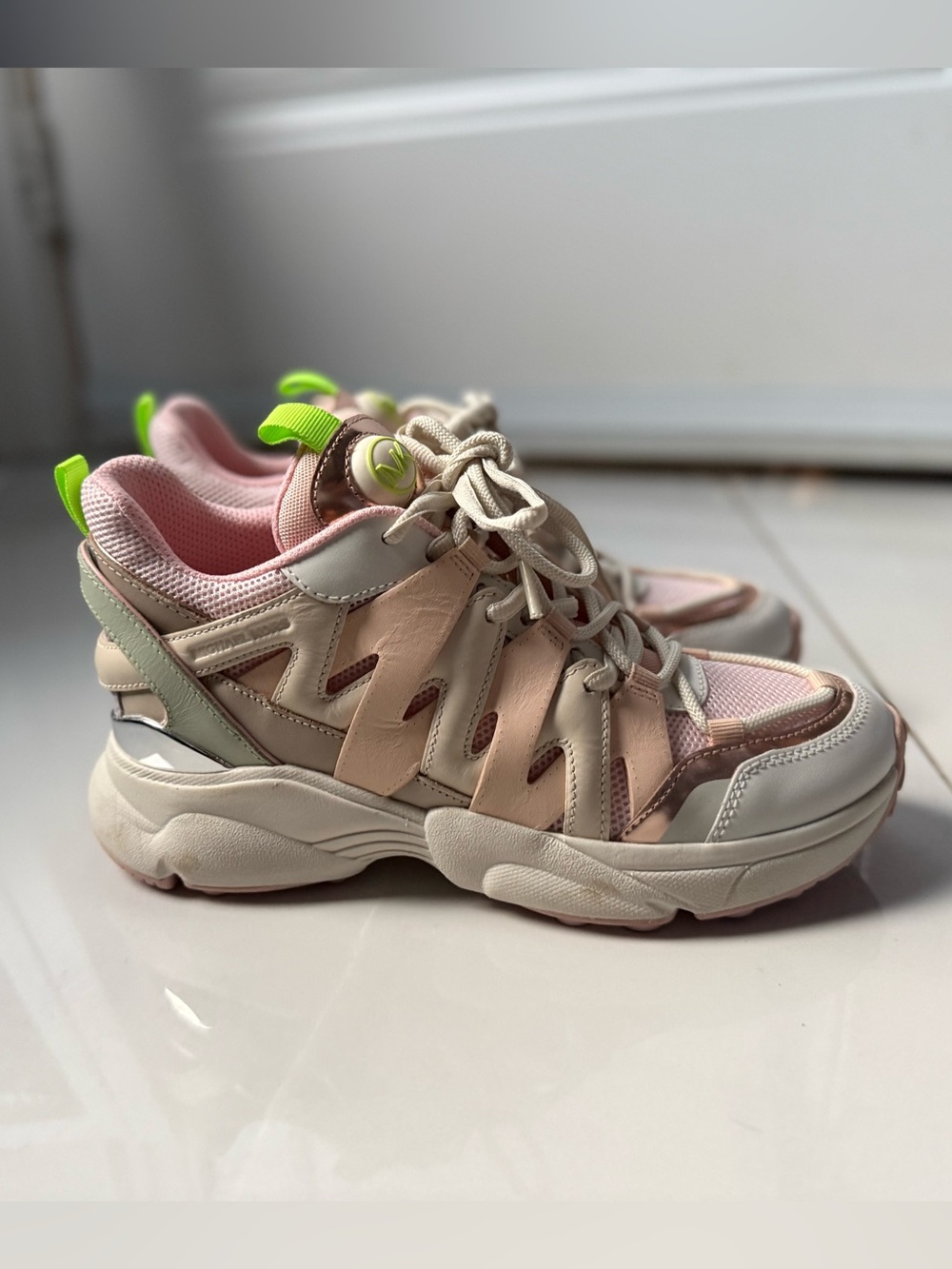 Micheal Kora Womens Chunky Lace-Up Sneakers in Pink and Cream